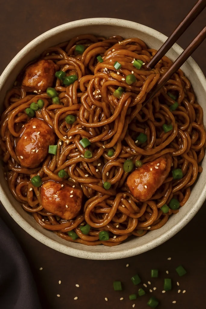 Glossy stir-fried chicken noodles lifted by chopsticks, garnished with sesame seeds and green onions.