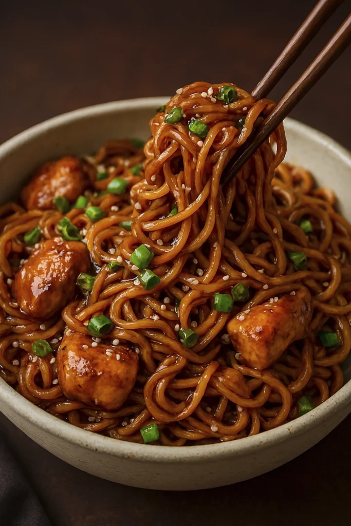 Glossy stir-fried chicken noodles lifted by chopsticks, garnished with green onions and sesame seeds.