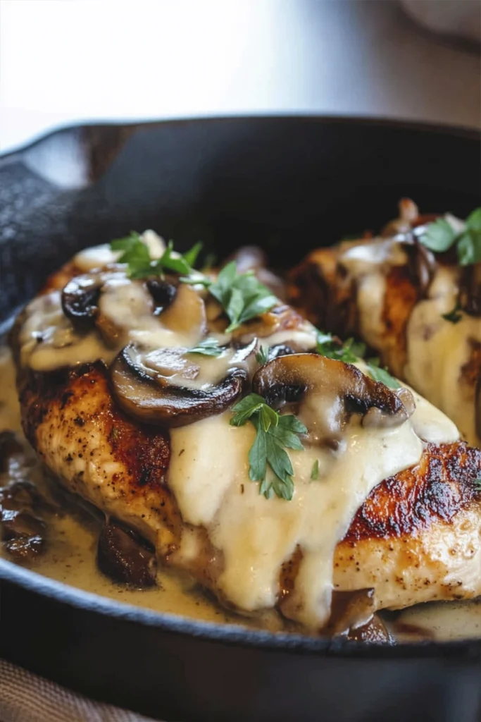 Creamy mushroom chicken skillet with melted cheese and parsley in a cast iron pan.