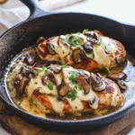 Skillet chicken breasts with sautéed mushrooms and melted mozzarella cheese in cast iron pan