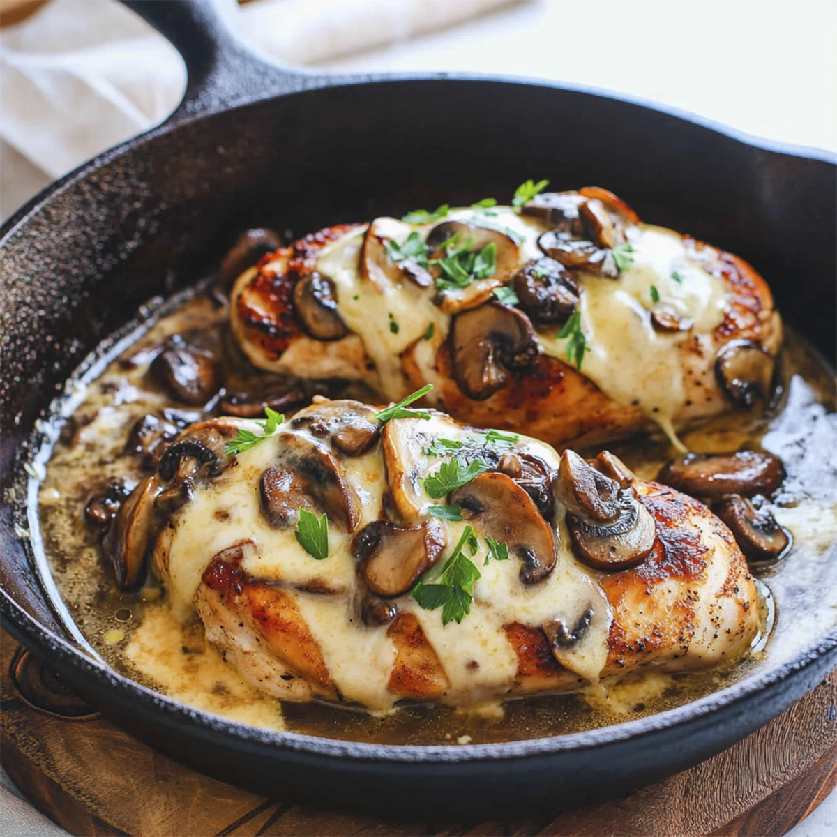 Skillet chicken breasts with sautéed mushrooms and melted mozzarella cheese in cast iron pan
