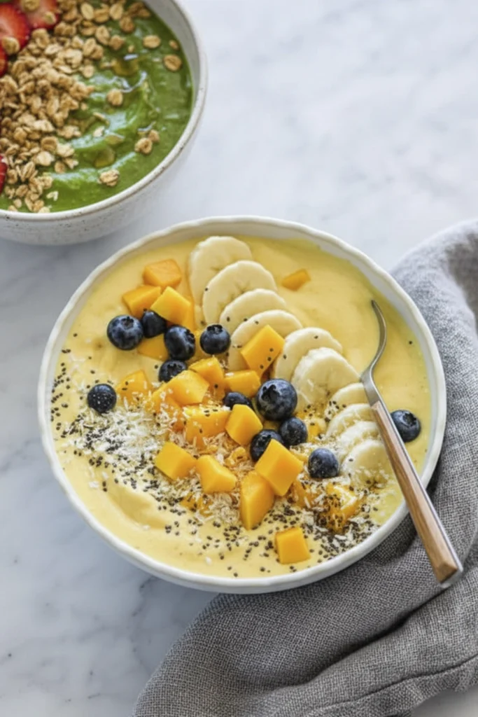 Tropical mango smoothie bowl with banana, blueberries, coconut, and chia seeds on marble surface