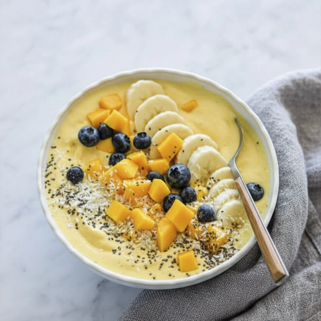 Tropical mango smoothie bowl with banana, blueberries, coconut, and chia seeds on marble