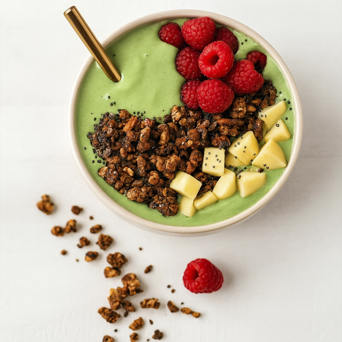 Green smoothie bowl with raspberries, granola, apples, chia seeds, and gold straw on white surface