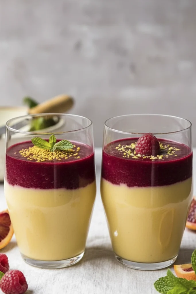 Photorealistic close-up of a two-layer fruit smoothie (mango and raspberry) in a glass, garnished with seeds, surrounded by fresh raspberries and sliced blood oranges on a light wooden table. Healthy vibrant beverage.