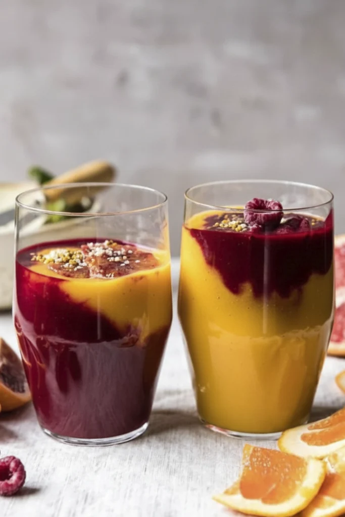 Photorealistic close-up of a two-layer fruit smoothie (mango and raspberry) in a glass, garnished with seeds, surrounded by fresh raspberries and sliced blood oranges on a light wooden table. Healthy vibrant beverage.