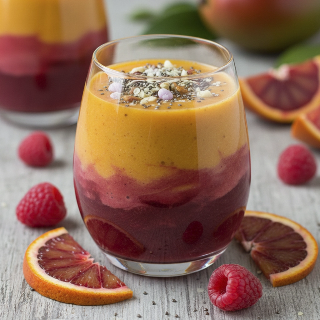 Two vibrant layered health smoothies, one with a bright orange mango layer and a deep red berry layer, garnished with a raspberry and bee pollen, set against a rustic background with fresh oranges and blood orange slices.