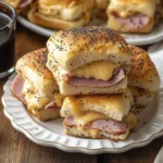 Close-up of hot ham and cheese sliders with poppy seed topping on a white plate