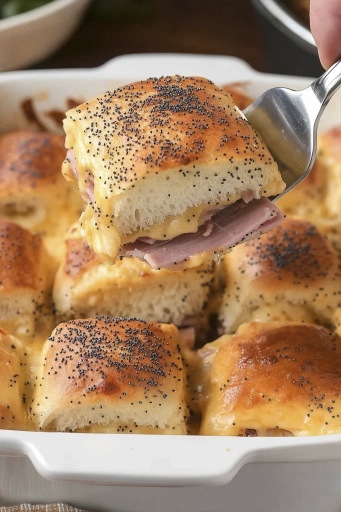Freshly baked ham and cheese slider with melted cheese and poppy seeds being lifted from a casserole dish.
