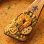 Close-up of Cajun shrimp and sausage stew in a rustic wooden spoon with rice, vegetables, and herbs.