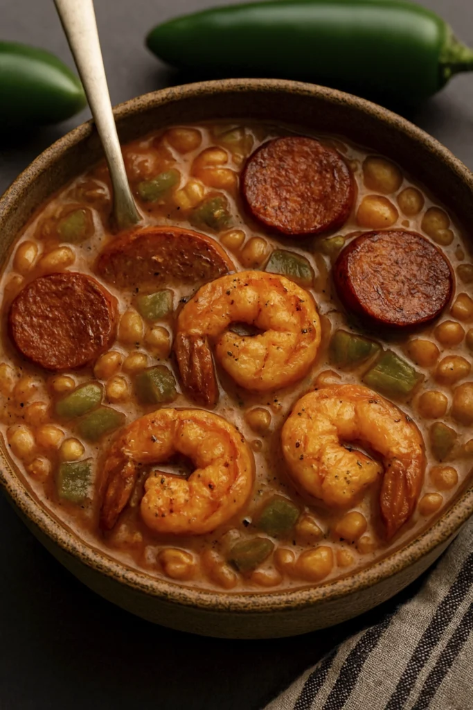 Cajun-style shrimp and sausage stew with beans and peppers in a rustic bowl