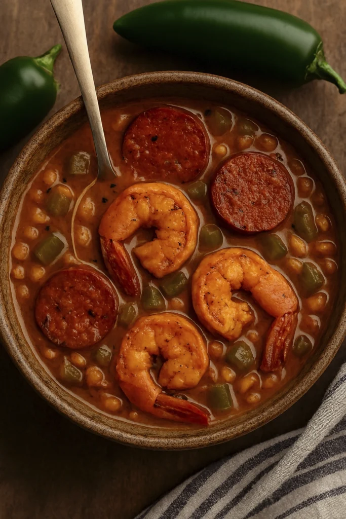 Close-up of Cajun shrimp and sausage stew with peppers and beans in a rustic bowl