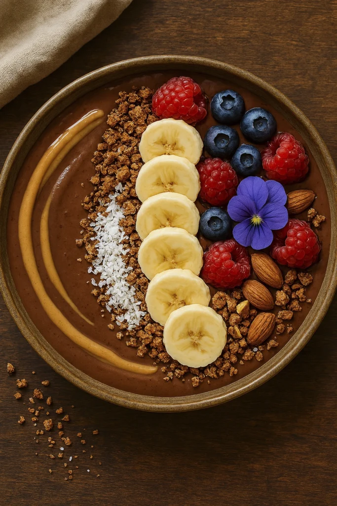 Healthy chocolate smoothie bowl with bananas, berries, coconut, granola, almonds, and edible flower on rustic wood