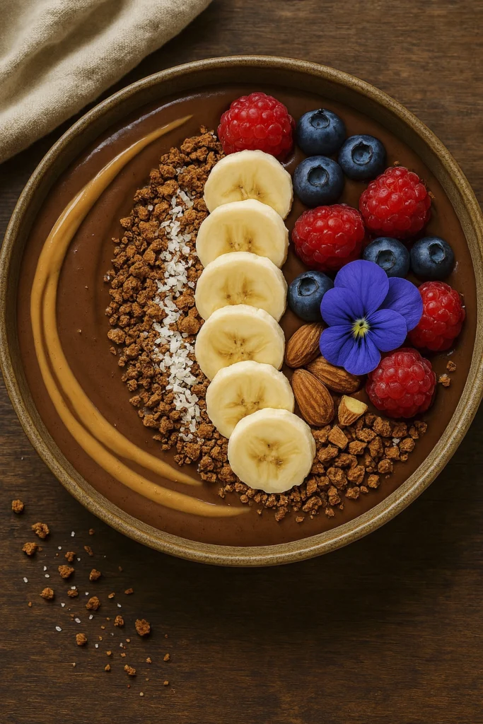 Chocolate smoothie bowl topped with banana slices, raspberries, blueberries, coconut flakes, almonds, granola, and peanut butter swirl
