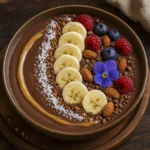 Chocolate smoothie bowl with bananas, berries, almonds, coconut, granola, and nut butter swirl