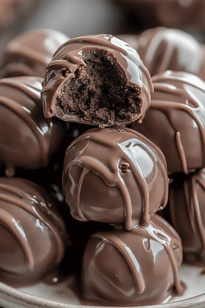 Fudgy double chocolate cookie balls topped with melted chocolate drizzle, one with a bite showing the soft inside.