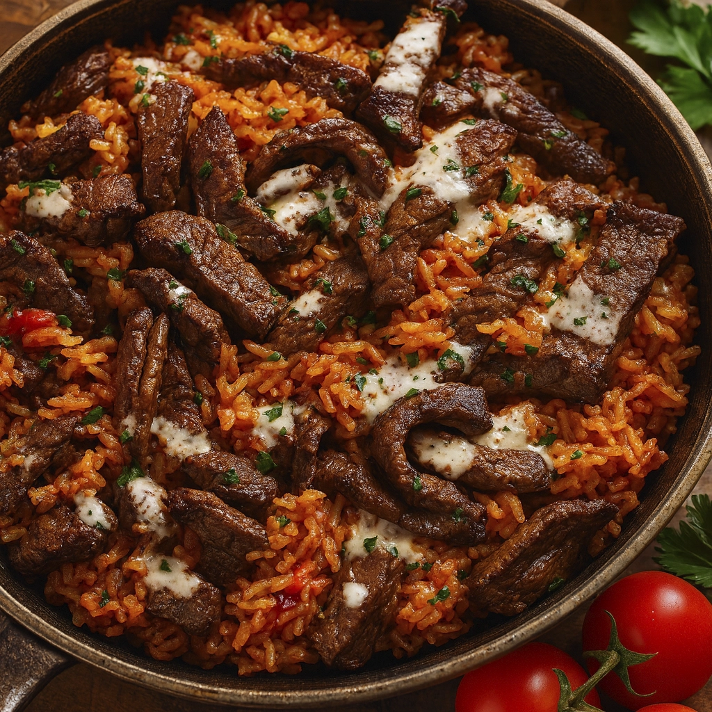 Skillet of tomato rice with grilled beef and creamy sauce garnished with parsley