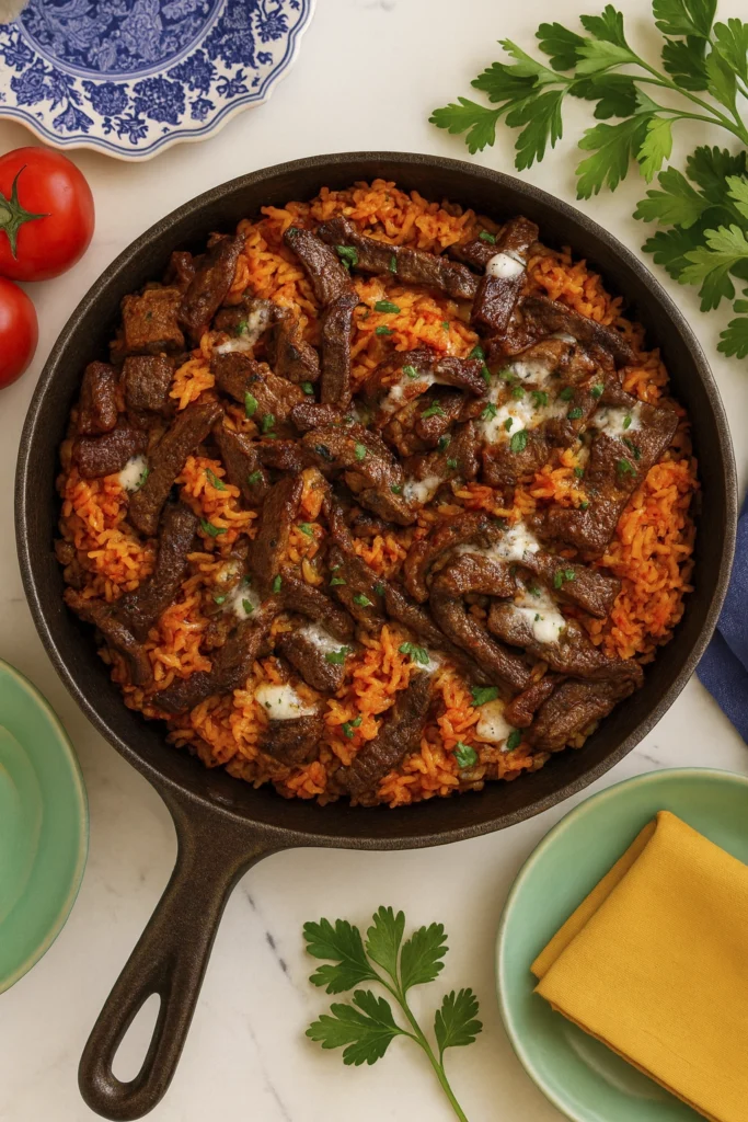 Mediterranean beef and tomato rice skillet with yogurt drizzle and fresh herbs, styled with rustic tableware.