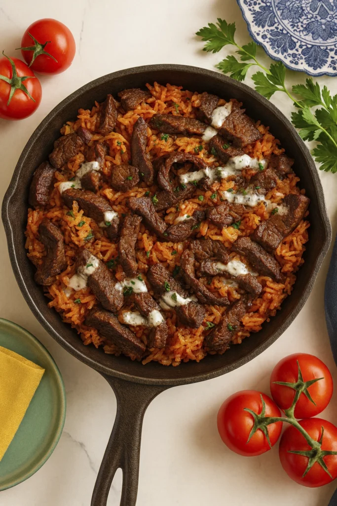 Overhead shot of Mediterranean beef and tomato rice skillet with yogurt drizzle, surrounded by fresh herbs and tableware.