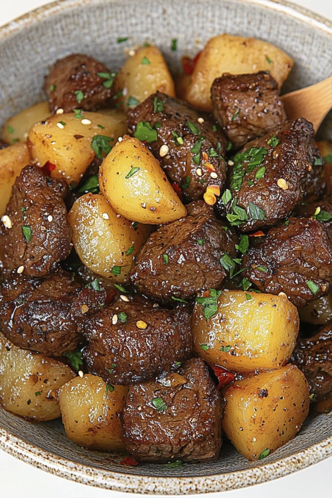 Seared beef and glazed potatoes in a soy garlic sauce topped with red pepper flakes and parsley in a bowl