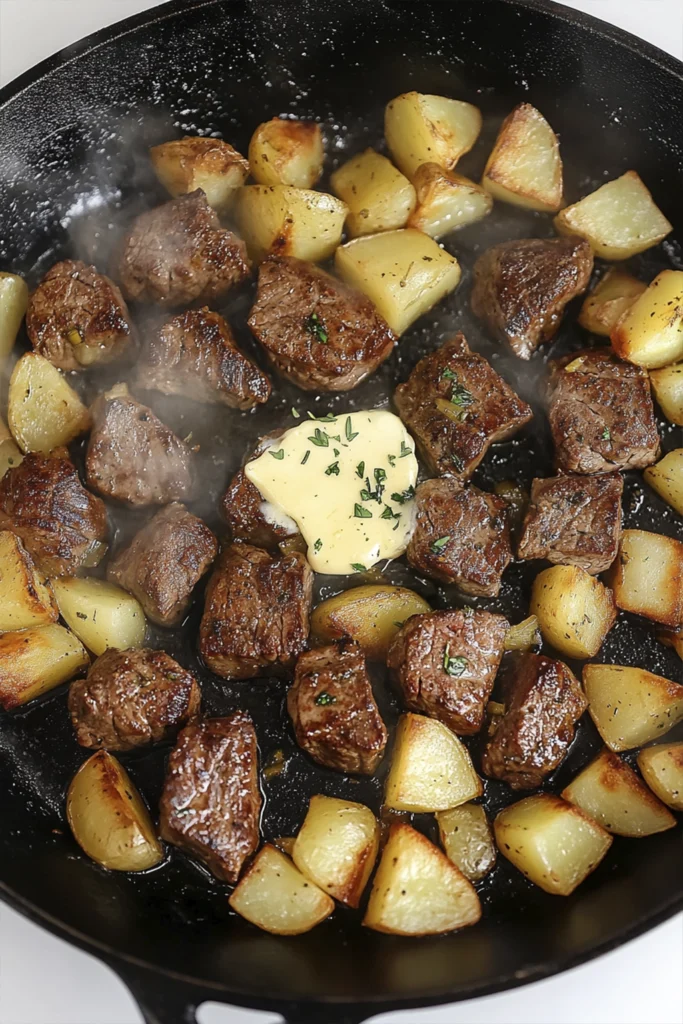 Seared beef and glazed potatoes in a soy garlic sauce topped with red pepper flakes and parsley in a bowl