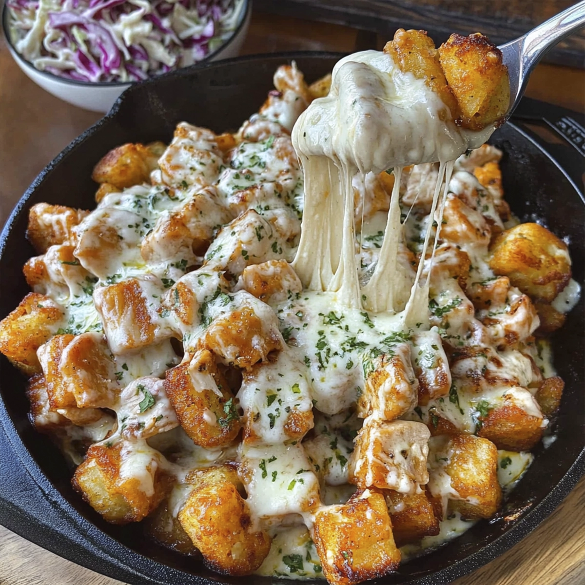 Loaded chicken tater tot skillet with melted mozzarella cheese and creamy ranch in a cast iron pan