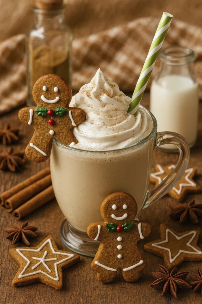 Holiday gingerbread milkshake with whipped cream, holly-decorated cookies, and warm seasonal spices.