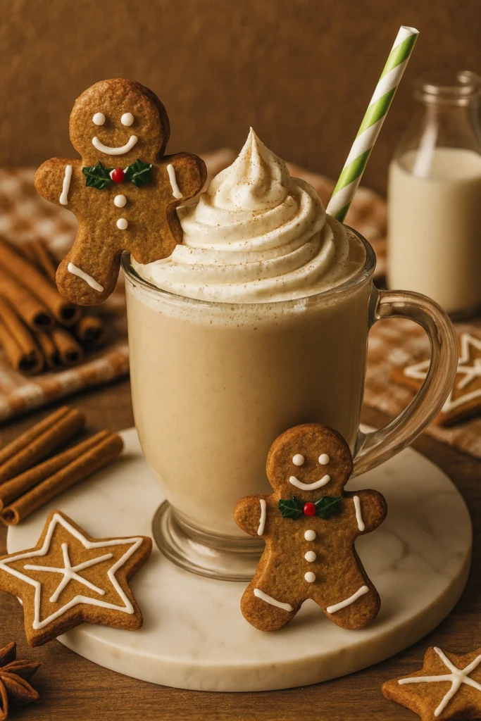 Holiday gingerbread milkshake with whipped cream, holly-decorated cookies, and warm seasonal spices.