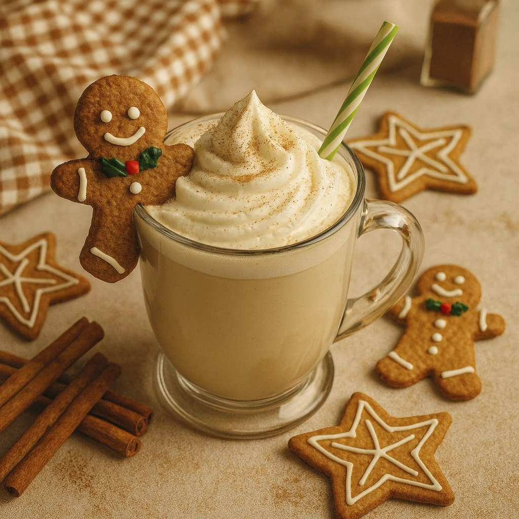 Holiday-themed creamy drink with whipped cream, gingerbread cookies, cinnamon sticks, and festive decor.