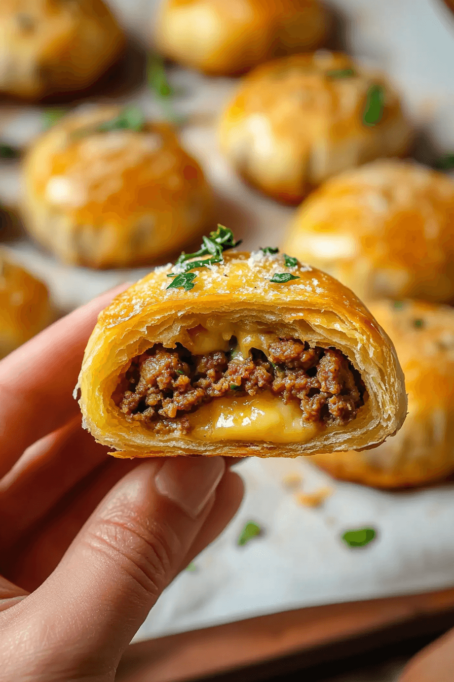 Close-up of cheesy meatball stuffed biscuit bombs with golden crust and herbs