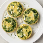 Spinach and feta egg muffins on a white plate with crumbled cheese and eggs nearby