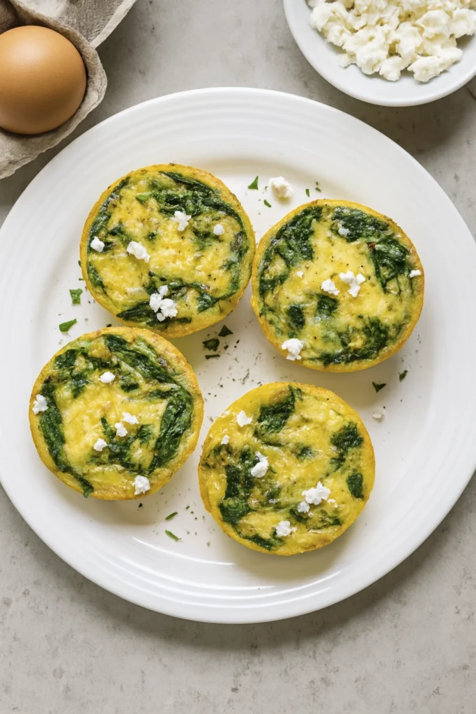 Spinach and feta egg muffins served on a white plate with crumbled cheese and herbs.