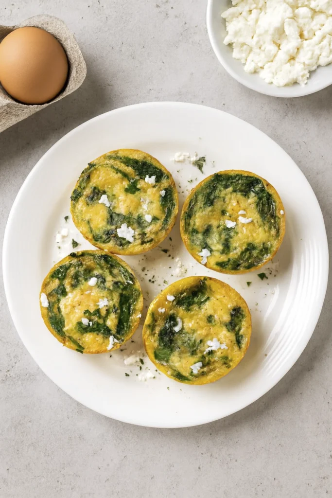 Spinach and feta egg muffins served on a white plate with crumbled cheese and herbs.