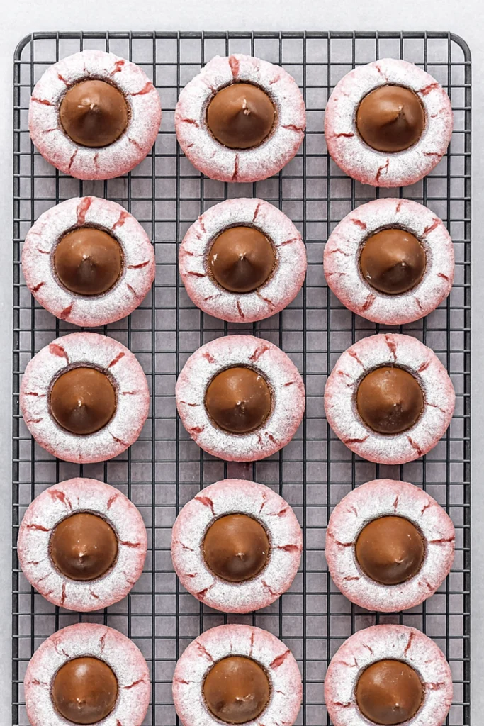 Pink crinkle cookies with Hershey’s Kisses on a wire cooling rack dusted with powdered sugar.