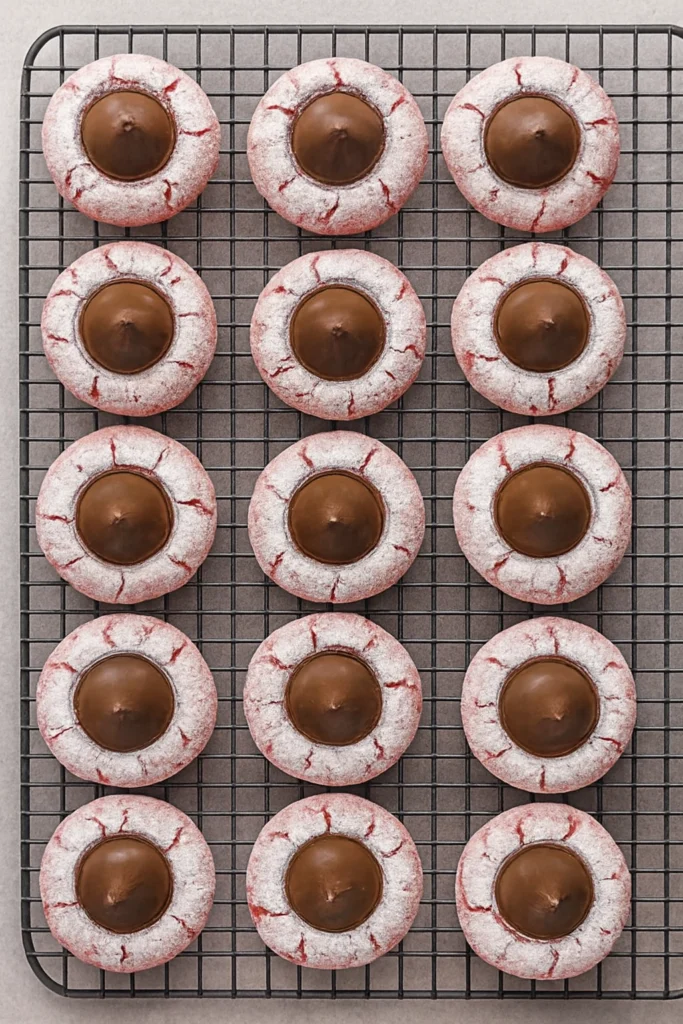 Pink crinkle cookies with Hershey’s Kisses on a wire cooling rack dusted with powdered sugar.
