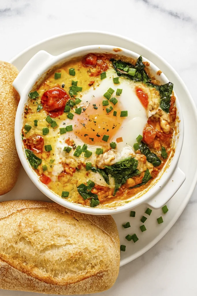 Vegetable egg cups with spinach, tomatoes, and cheese in white ramekins on a baking tray