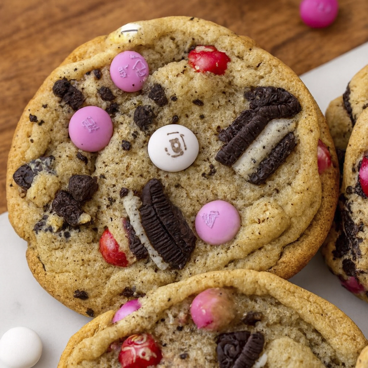 Cookies with crushed chocolate sandwich cookies and pink candy-coated chocolates.