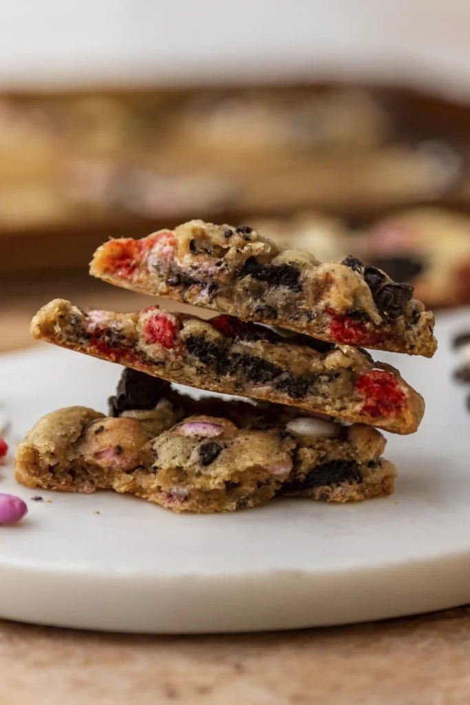 Thick Valentine’s Day cookies with pink, red, and white M&Ms and Oreo chunks on parchment paper.