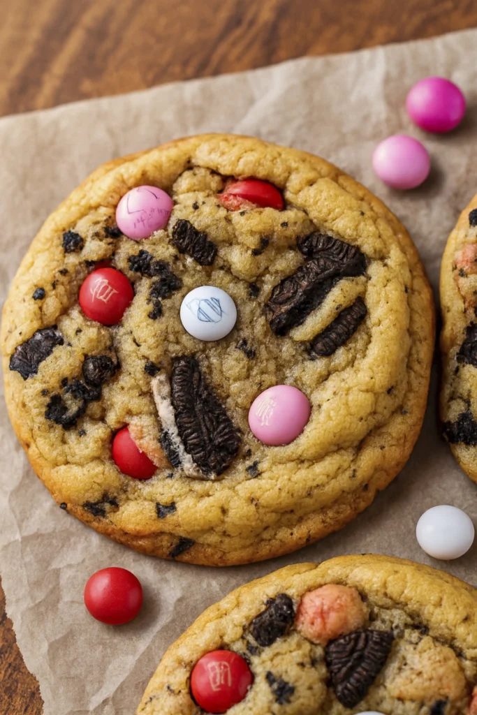 Stack of soft-baked Oreo Valentine’s Day cookies with pink and red M&Ms on a white marble plate.