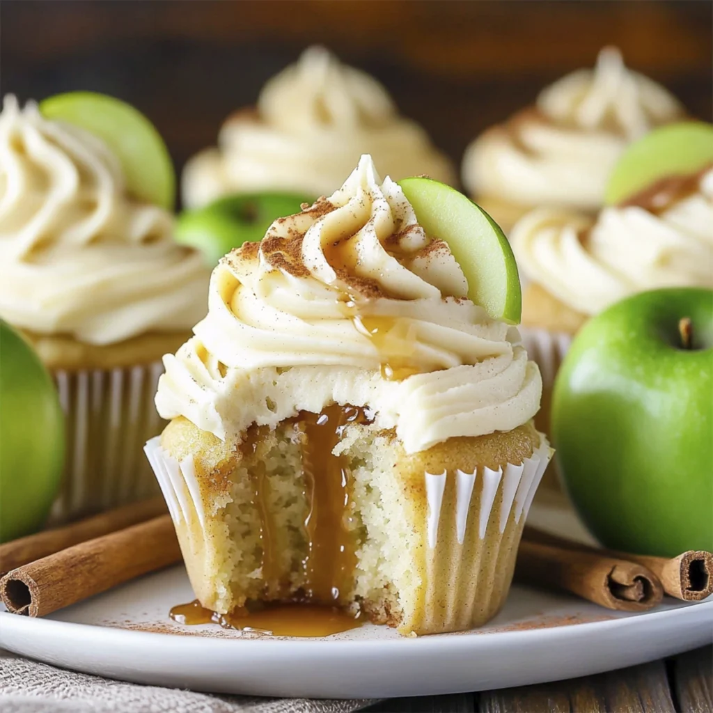 Caramel apple cupcakes with buttercream frosting, caramel drizzle, and green apple slices.