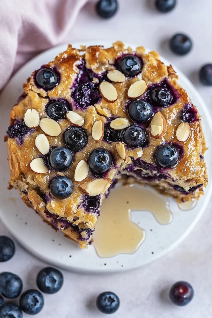 Mini round blueberry baked oatmeal topped with almonds and drizzled with maple syrup on a white plate.