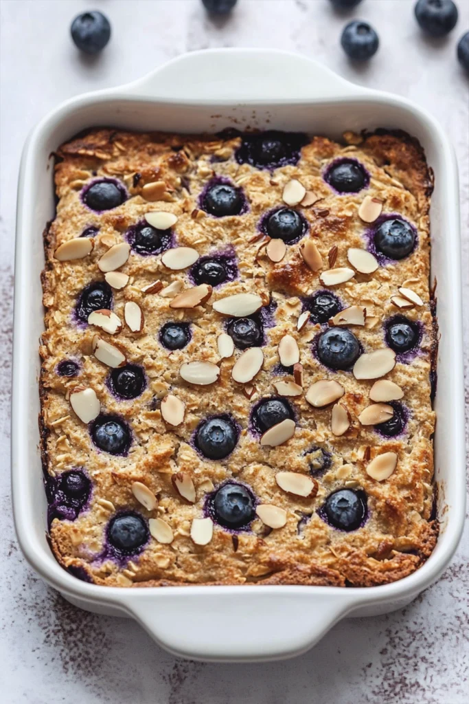 Freshly baked blueberry oatmeal casserole in a white baking dish, topped with slivered almonds.