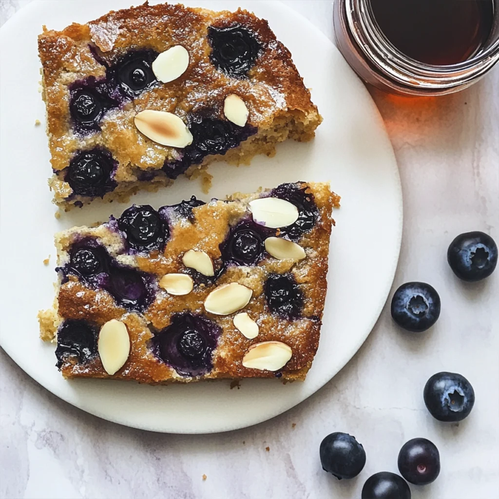 Close-up of blueberry baked oatmeal slices topped with almond slivers on a white plate, served with maple syrup and fresh blueberries.