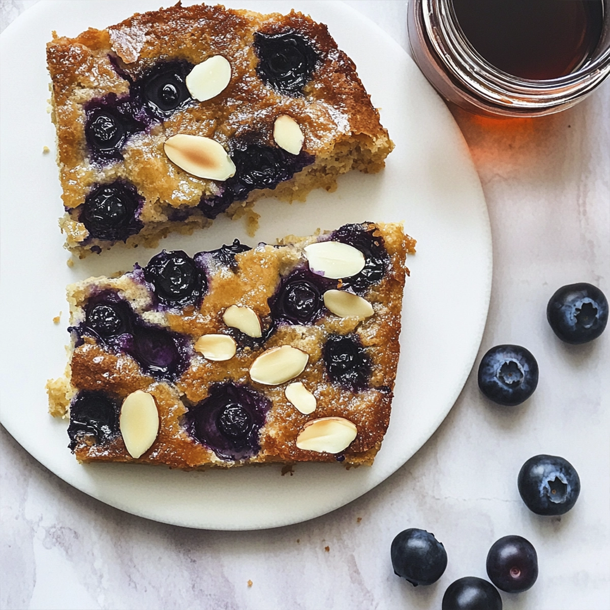 Close-up of blueberry baked oatmeal slices topped with almond slivers on a white plate, served with maple syrup and fresh blueberries.