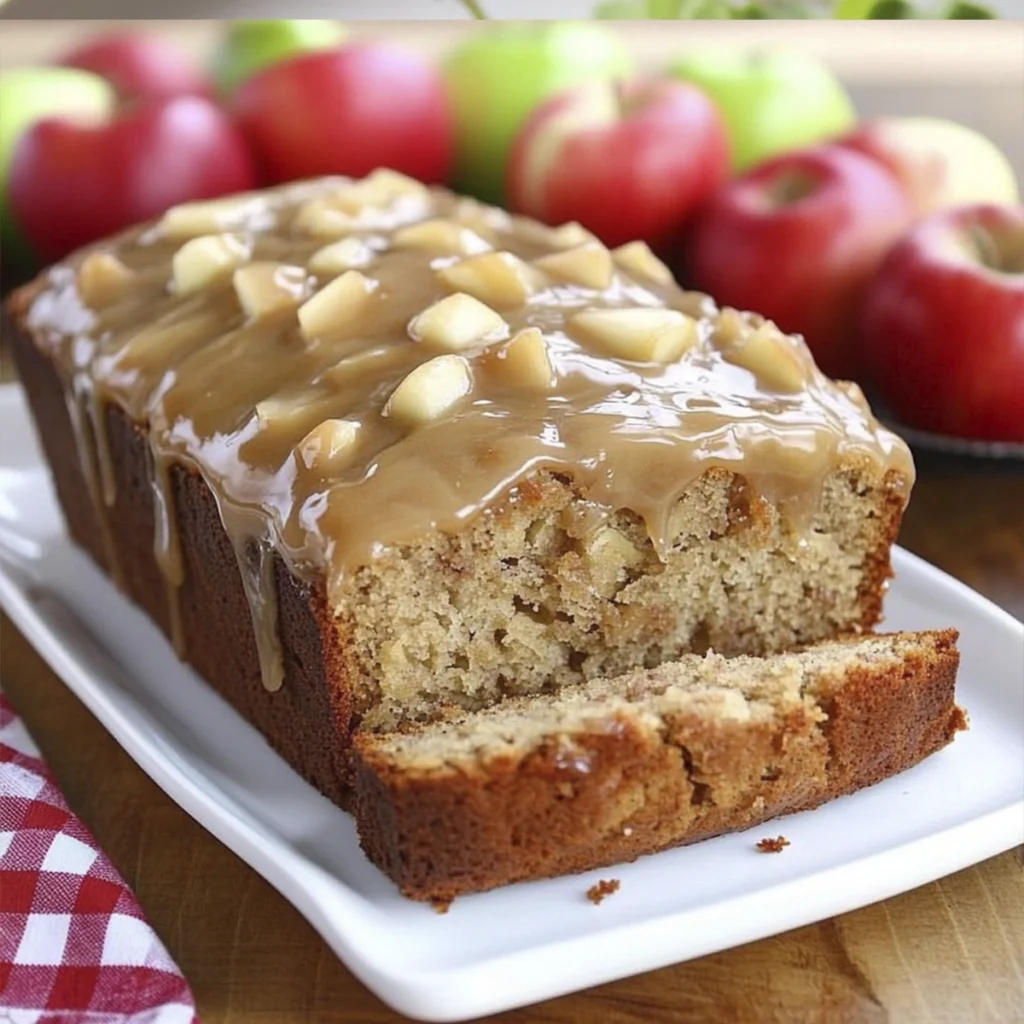 Sliced apple spice bread with caramel glaze on a white tray, surrounded by fresh apples.