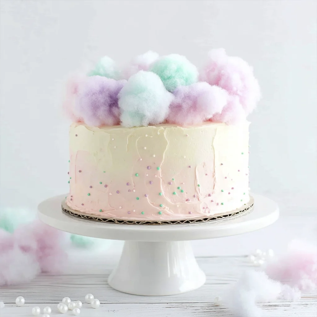 Pastel cotton candy cake with pearl sprinkles and buttercream frosting on a white cake stand.