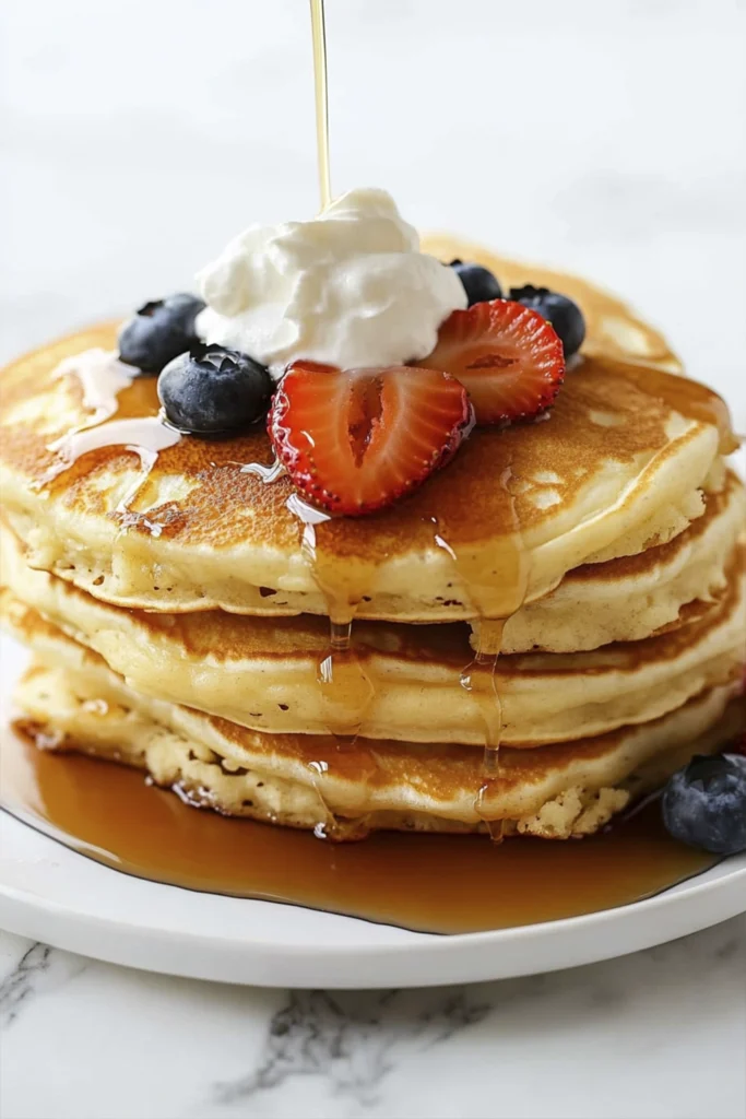 Stack of fluffy pancakes with maple syrup drizzle, whipped cream, strawberries, and blueberries on a white plate.