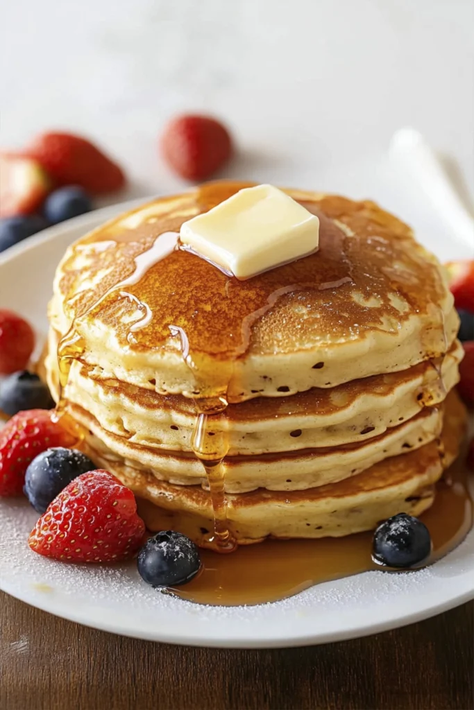 Stack of homemade pancakes dripping with maple syrup and topped with a square of butter, surrounded by strawberries and blueberries.