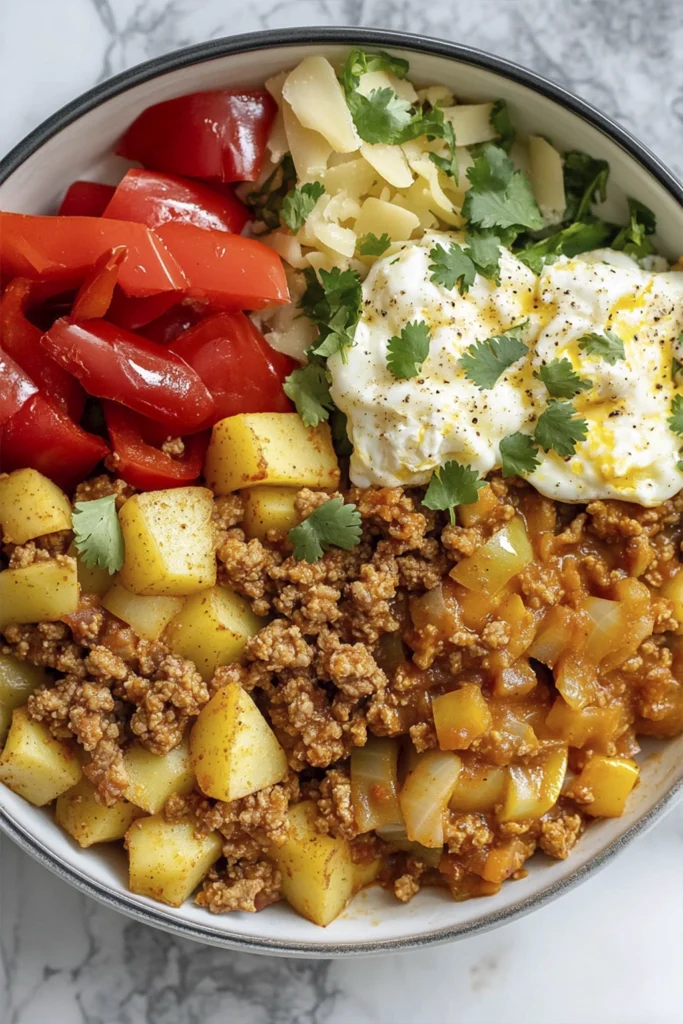 Mexican-style breakfast bowl with roasted potatoes, scrambled eggs, ground meat, red bell peppers, and a dollop of sour cream.