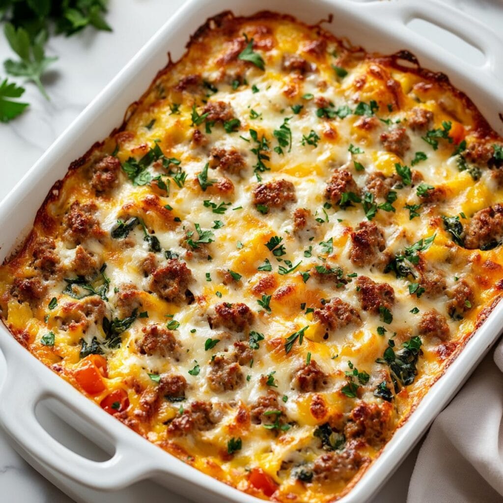 High Protein Cottage Cheese Turkey Sausage Breakfast Casserole